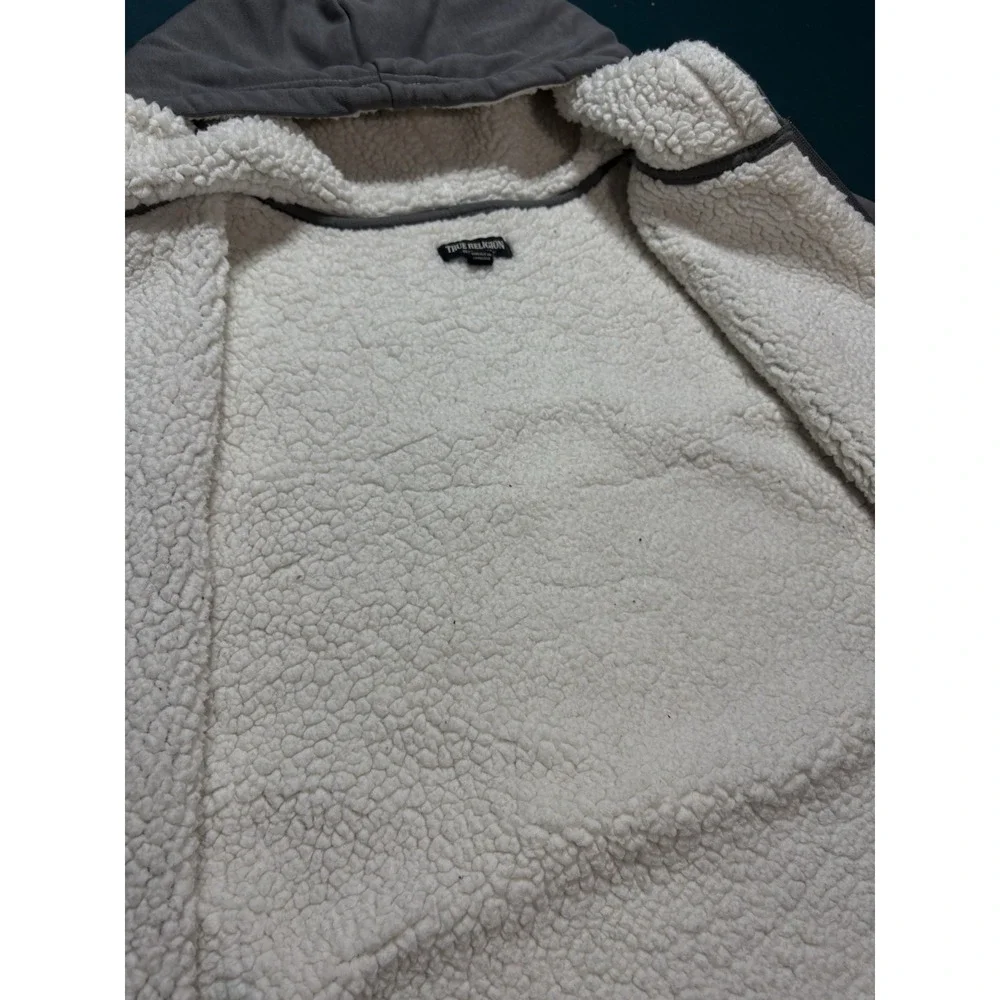 True Religion Buddha Sherpa Lined Full Zip Hoodie Sweatshirt Men's Large‎ Gray